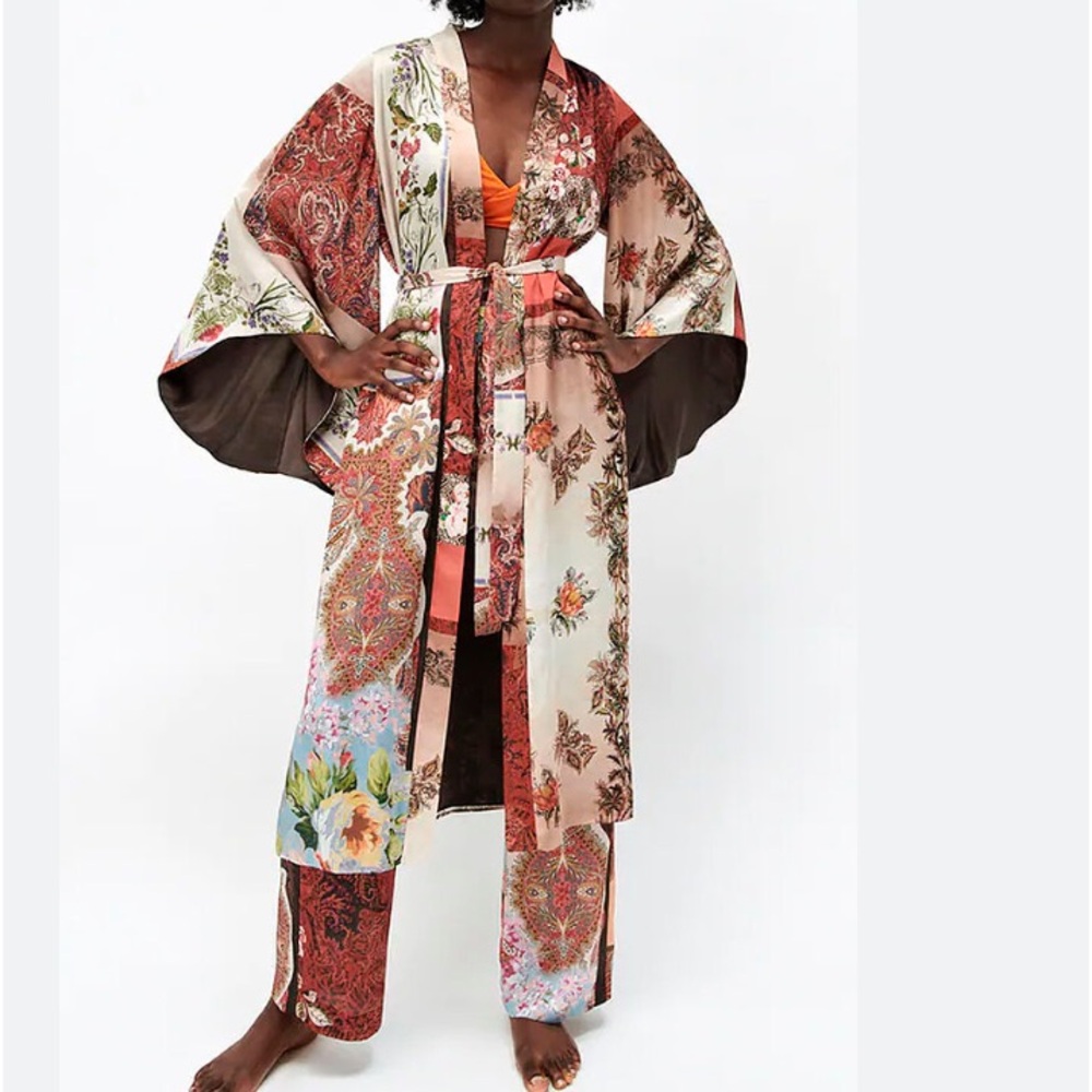 New ZARA 2 pc PATCHWORK FLORAL PRINT CO ORD BELTED KIMONO WIDE LEG PANT SET M/L